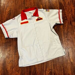 Vintage Awana Gray and Red Button Down Shirt medium patches